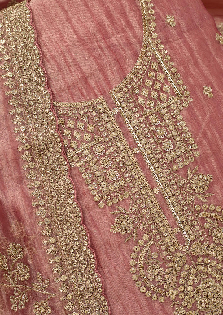Onion Pink Tissue Sequins Unstitched Dress Material With Matching Bottom And Dupatta