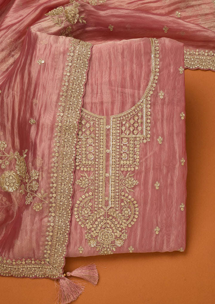 Onion Pink Tissue Sequins Unstitched Dress Material With Matching Bottom And Dupatta