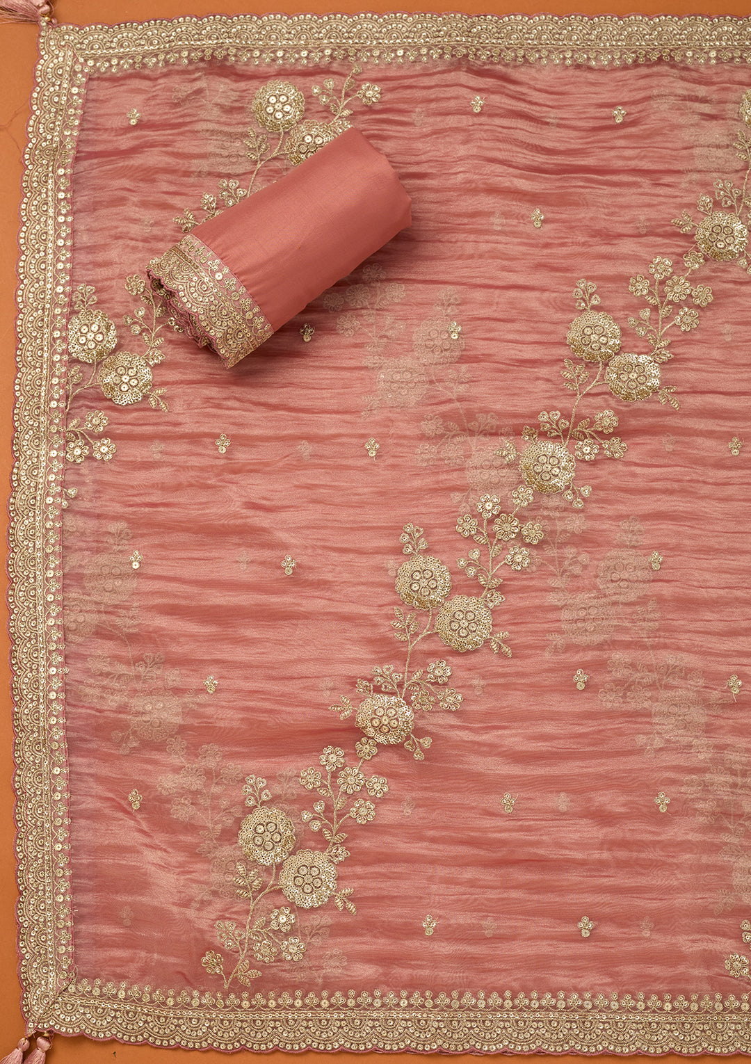 Onion Pink Tissue Sequins Unstitched Dress Material With Matching Bottom And Dupatta