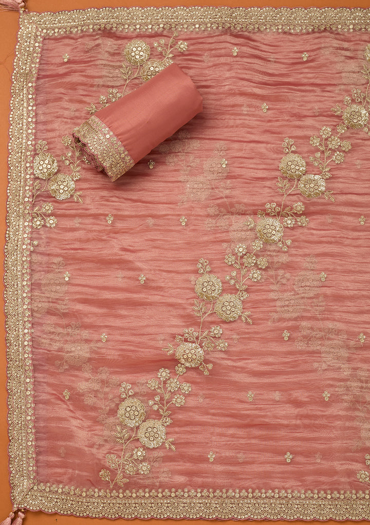 Onion Pink Tissue Sequins Unstitched Dress Material With Matching Bottom And Dupatta