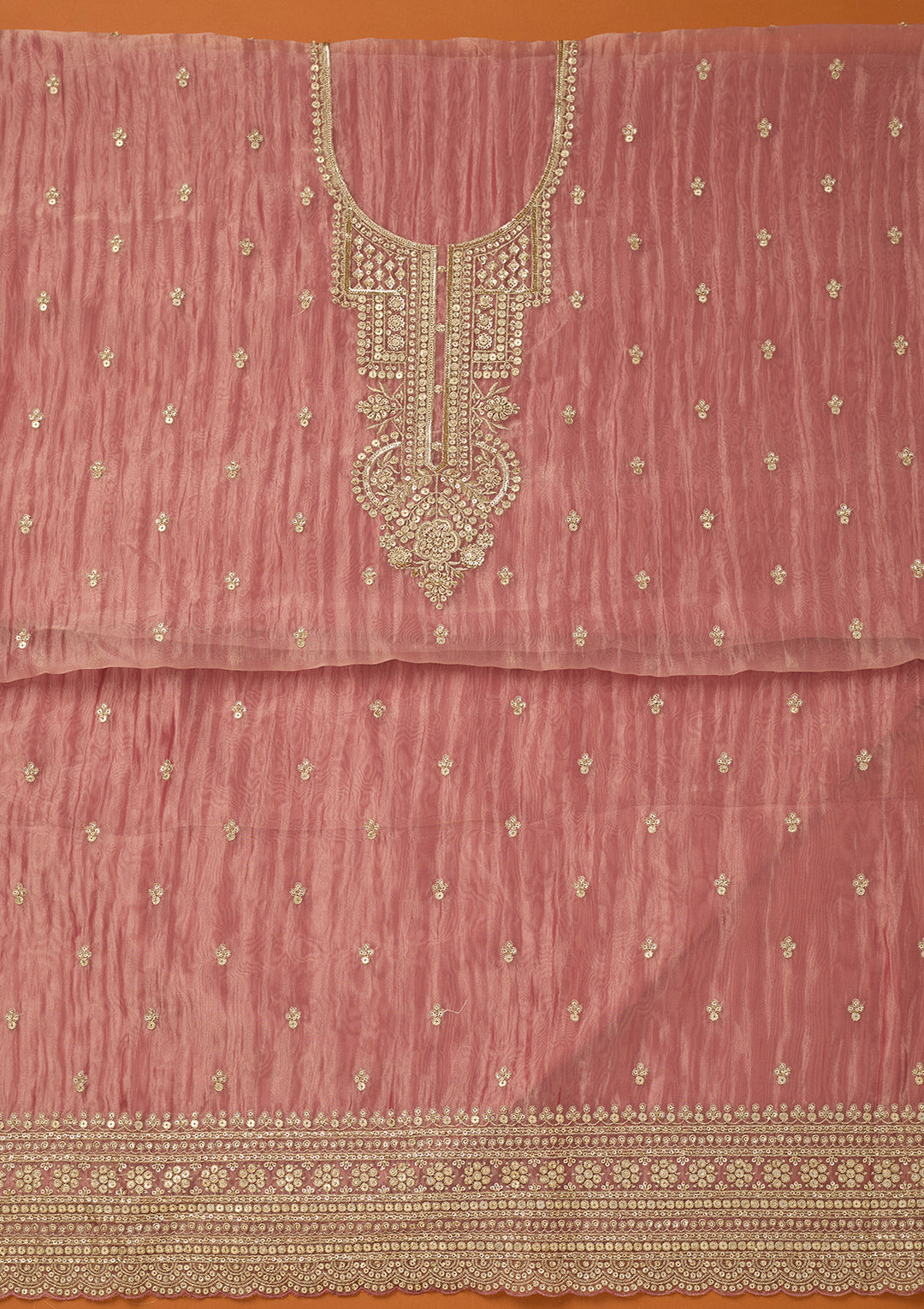 Onion Pink Tissue Sequins Unstitched Dress Material With Matching Bottom And Dupatta