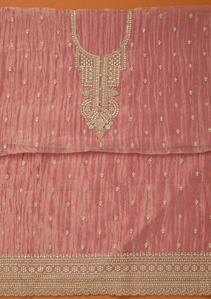 Onion Pink Tissue Sequins Unstitched Dress Material With Matching Bottom And Dupatta