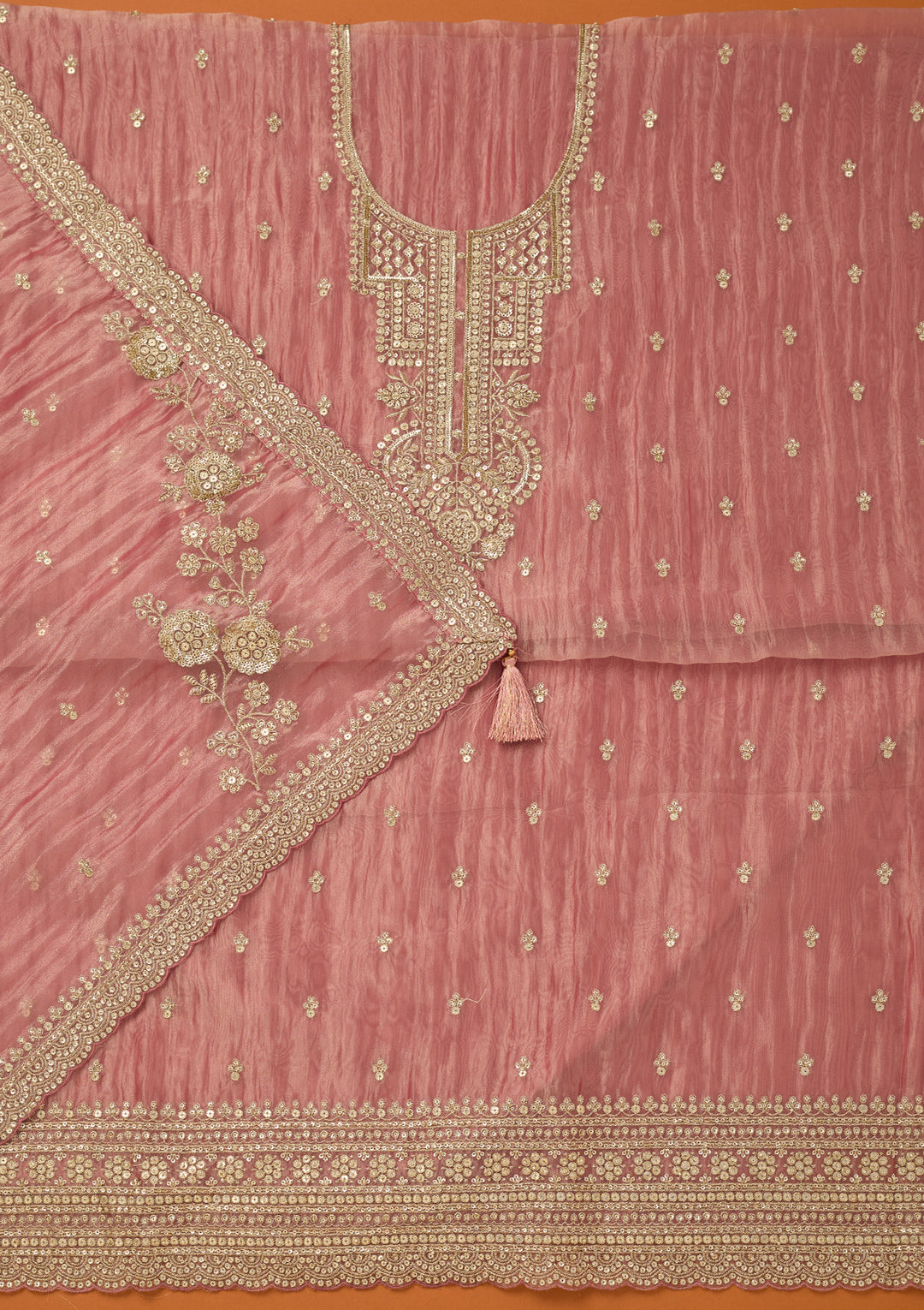 Onion Pink Tissue Sequins Unstitched Dress Material With Matching Bottom And Dupatta