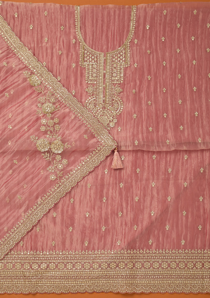 Onion Pink Tissue Sequins Unstitched Dress Material With Matching Bottom And Dupatta