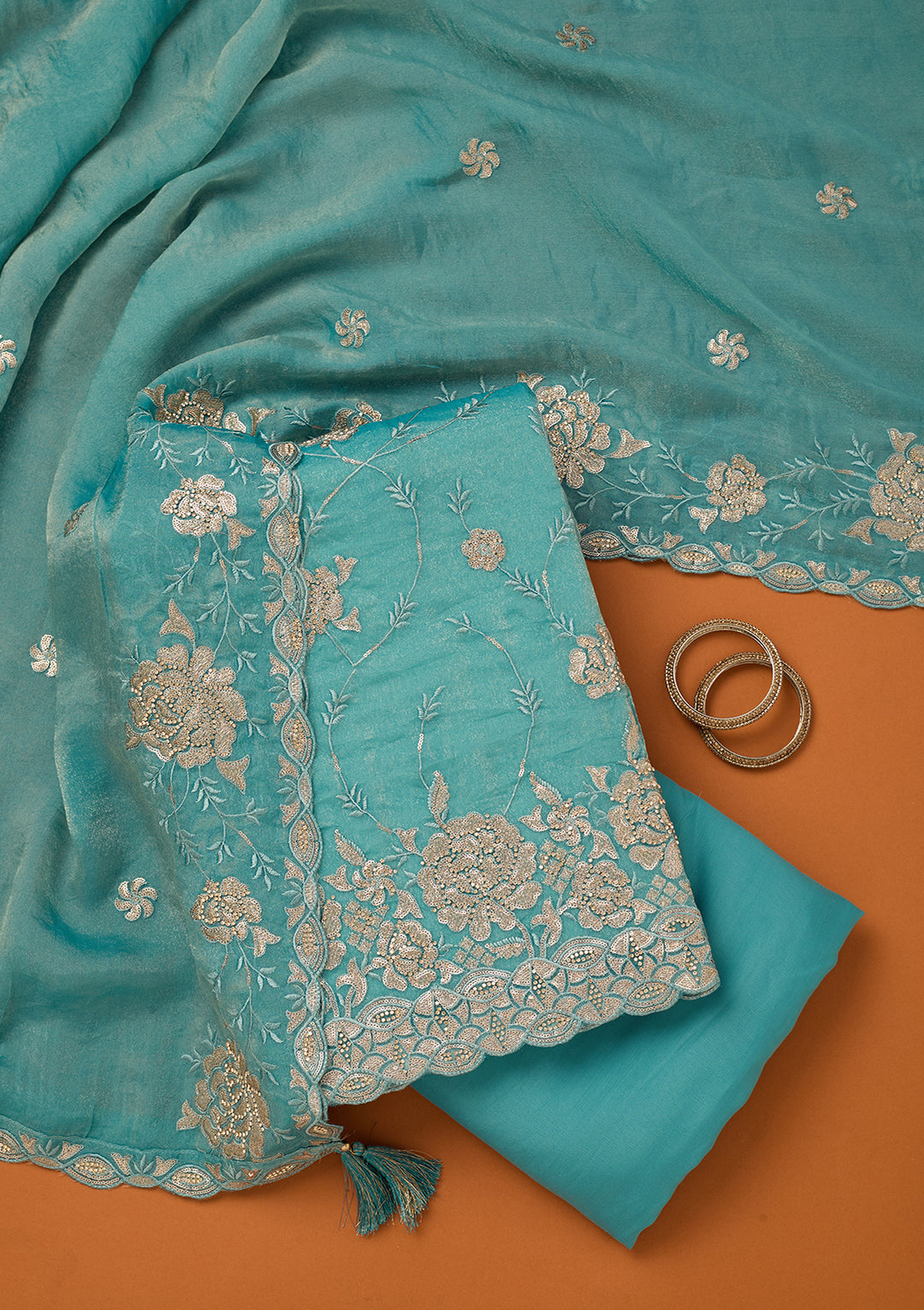 Blue Organza Gold Zariwork Unstitched Dress Material With Matching Bottom And Dupatta