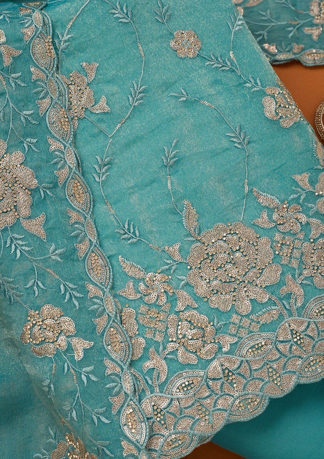 Blue Organza Gold Zariwork Unstitched Dress Material With Matching Bottom And Dupatta