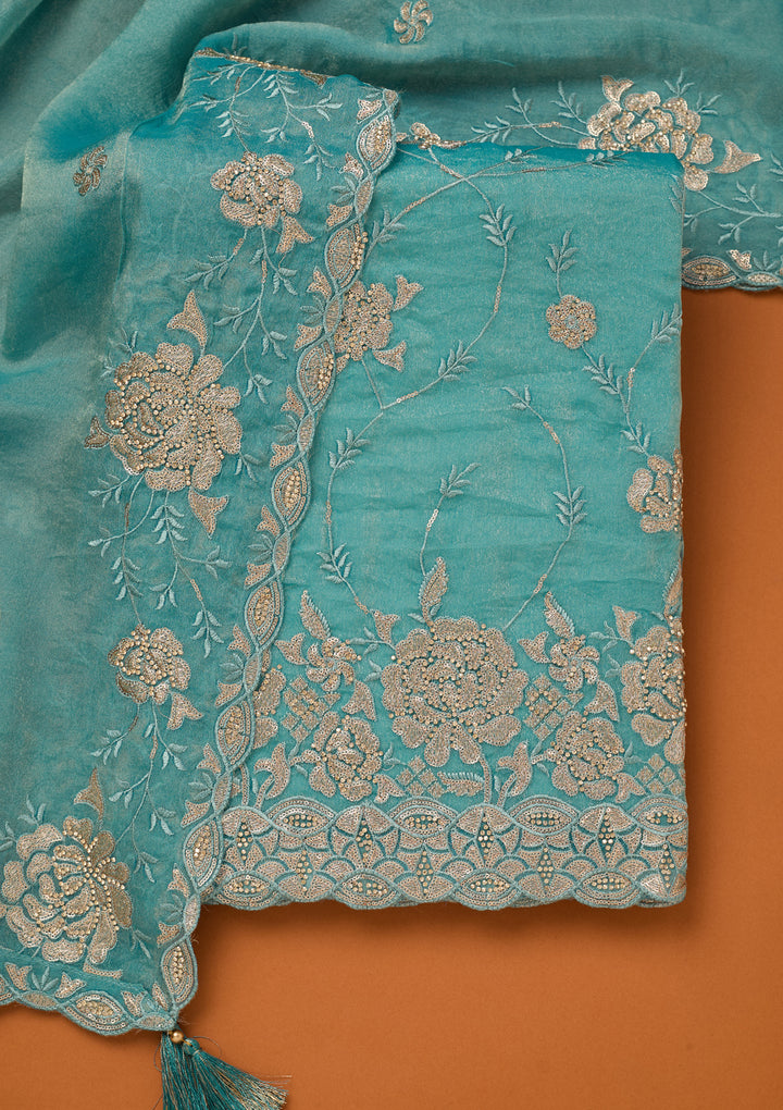 Blue Organza Gold Zariwork Unstitched Dress Material With Matching Bottom And Dupatta