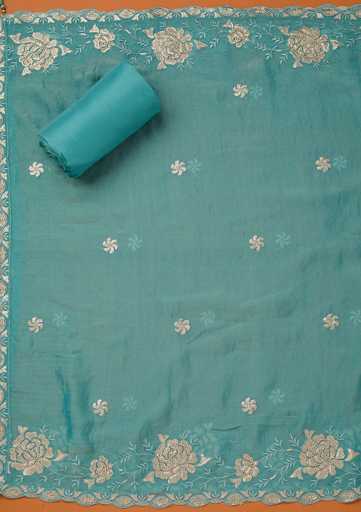 Blue Organza Gold Zariwork Unstitched Dress Material With Matching Bottom And Dupatta