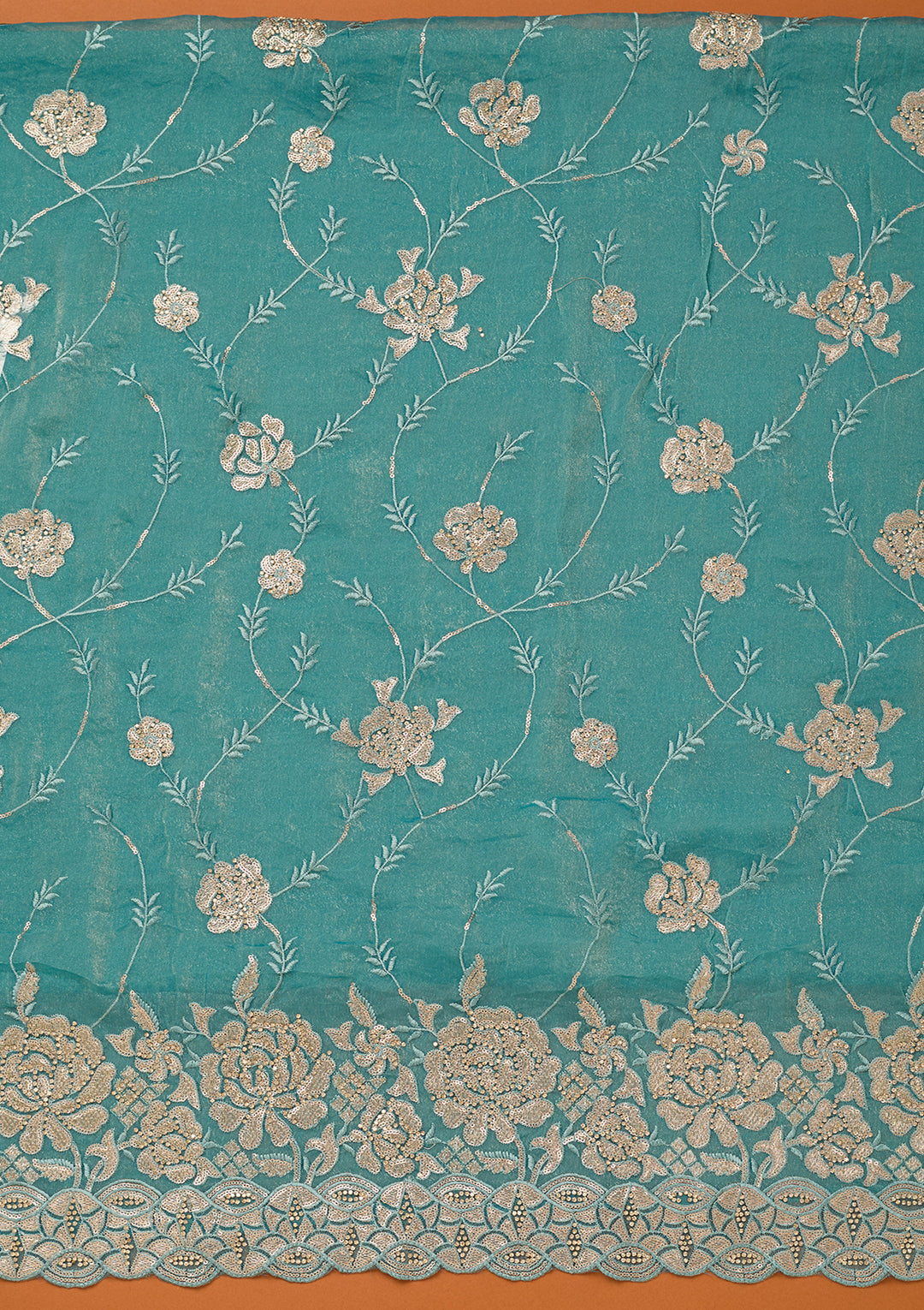 Blue Organza Gold Zariwork Unstitched Dress Material With Matching Bottom And Dupatta