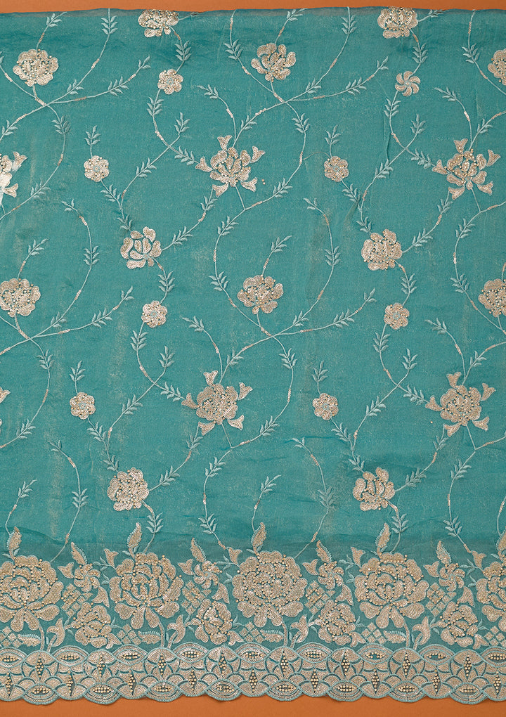 Blue Organza Gold Zariwork Unstitched Dress Material With Matching Bottom And Dupatta