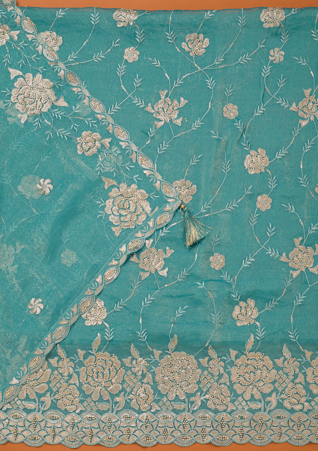 Blue Organza Gold Zariwork Unstitched Dress Material With Matching Bottom And Dupatta