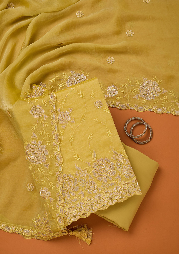Lemon Yellow Organza Gold Zariwork Unstitched Dress Material With Matching Bottom And Dupatta