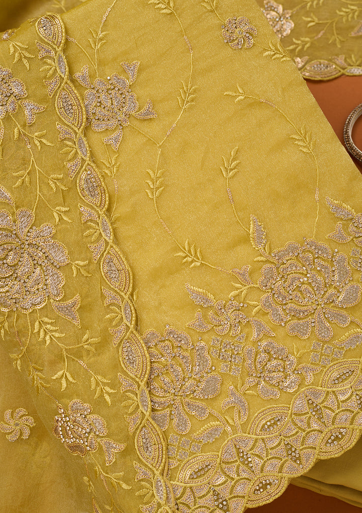 Lemon Yellow Organza Gold Zariwork Unstitched Dress Material With Matching Bottom And Dupatta