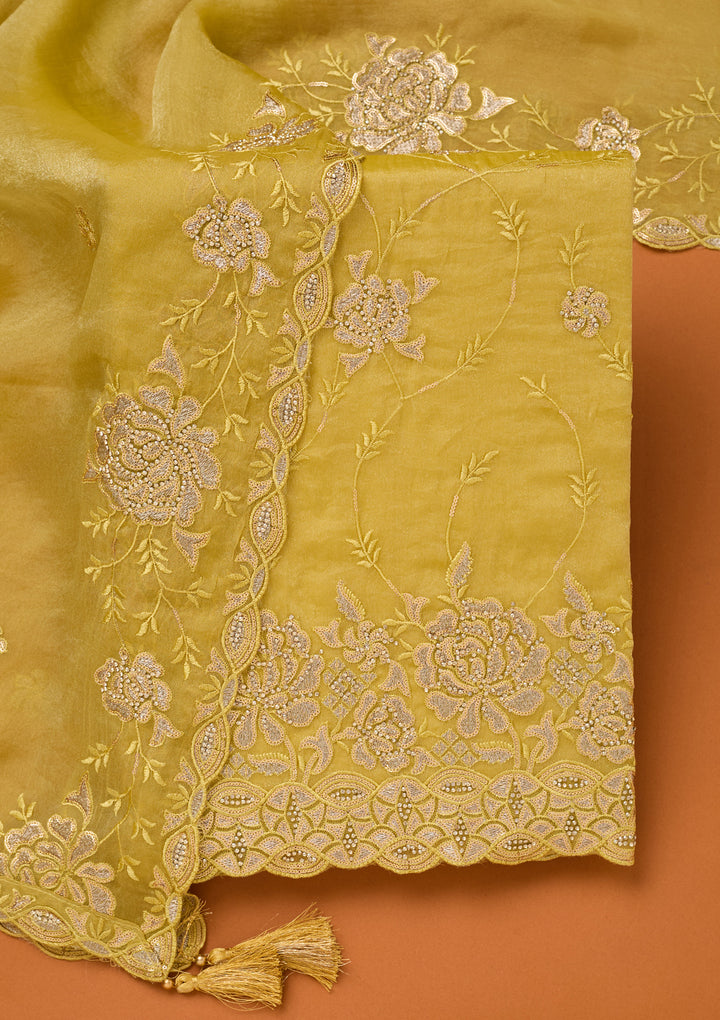Lemon Yellow Organza Gold Zariwork Unstitched Dress Material With Matching Bottom And Dupatta