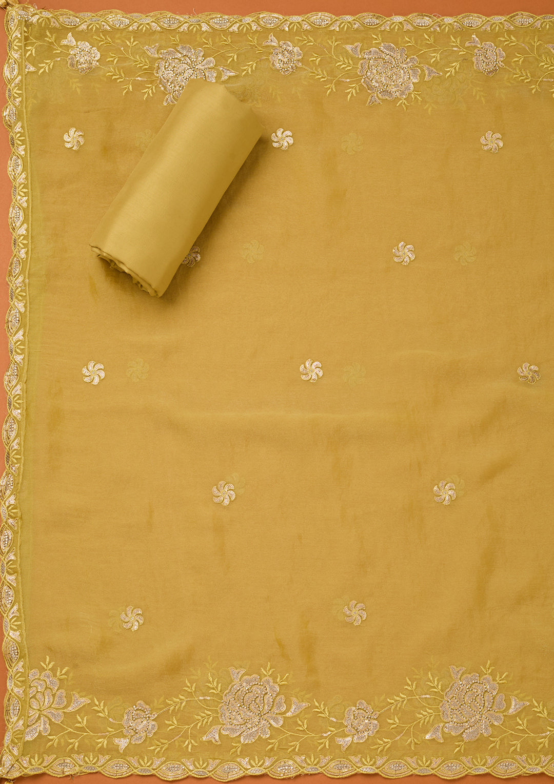 Lemon Yellow Organza Gold Zariwork Unstitched Dress Material With Matching Bottom And Dupatta