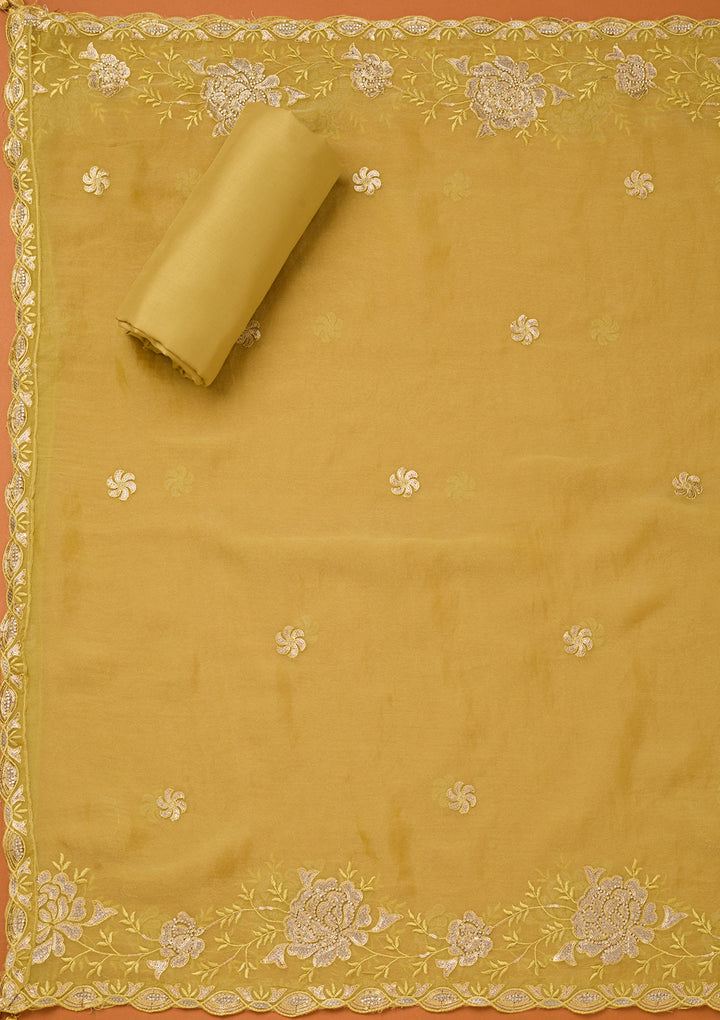 Lemon Yellow Organza Gold Zariwork Unstitched Dress Material With Matching Bottom And Dupatta