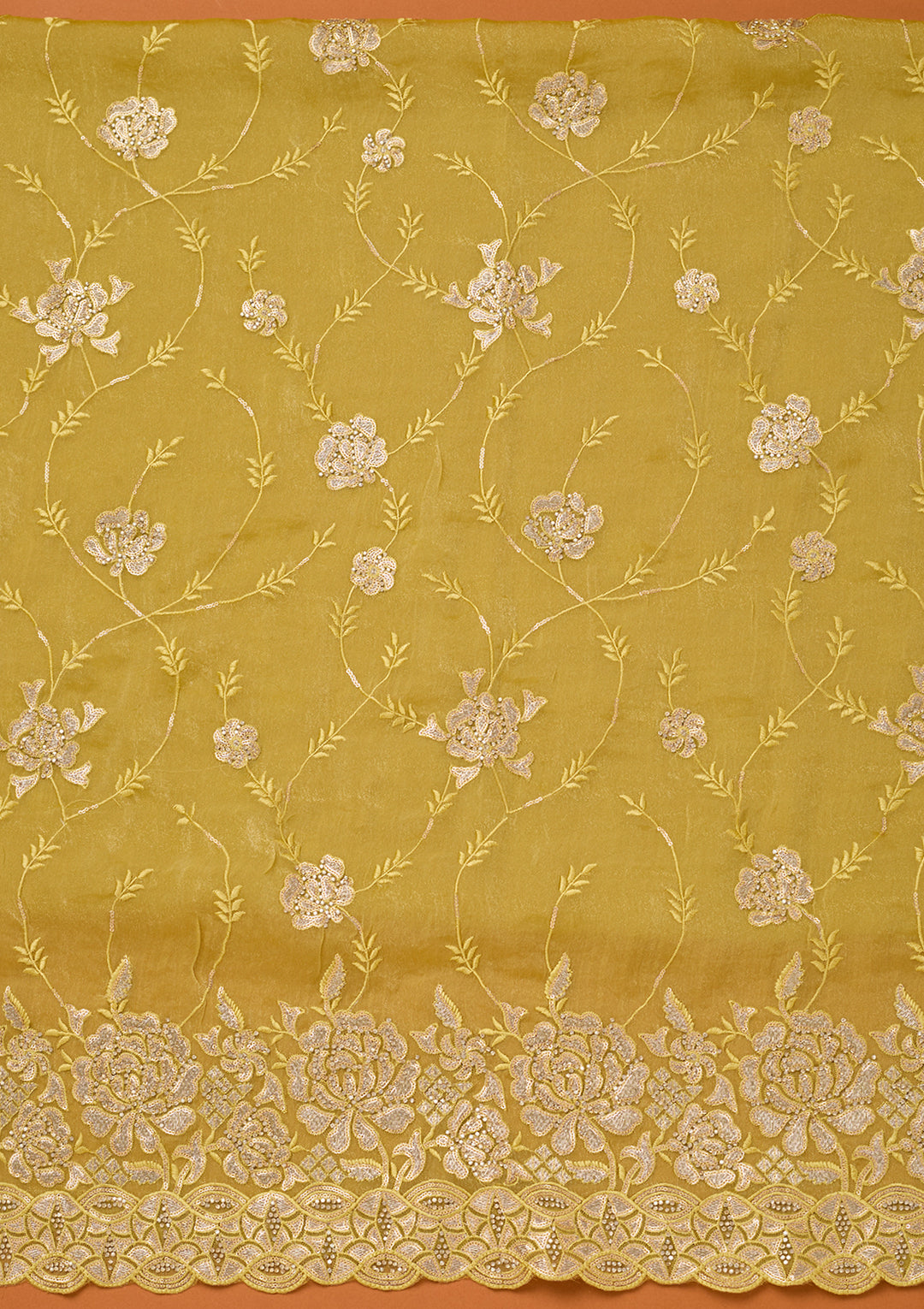 Lemon Yellow Organza Gold Zariwork Unstitched Dress Material With Matching Bottom And Dupatta