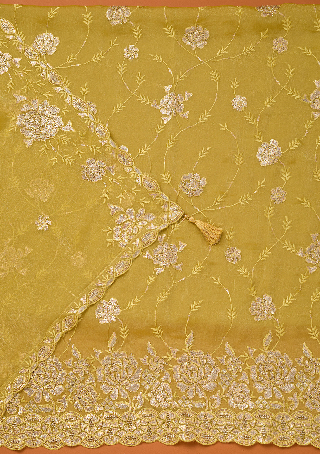 Lemon Yellow Organza Gold Zariwork Unstitched Dress Material With Matching Bottom And Dupatta