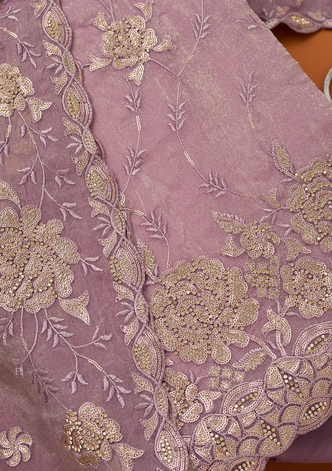 Light Lavender Organza Gold Zariwork Unstitched Dress Material With Matching Bottom And Dupatta