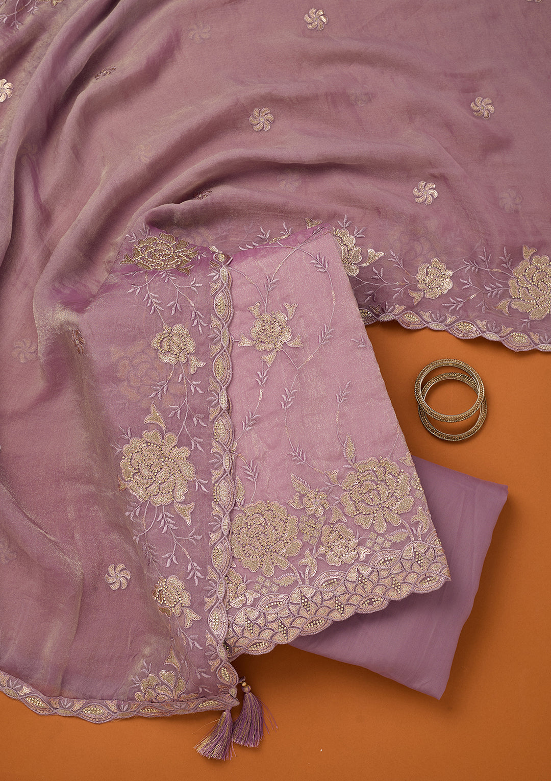 Light Lavender Organza Gold Zariwork Unstitched Dress Material With Matching Bottom And Dupatta