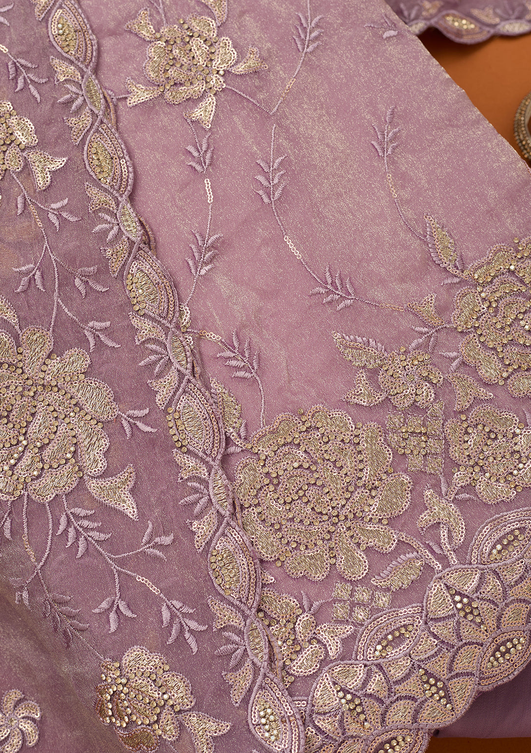 Light Lavender Organza Gold Zariwork Unstitched Dress Material With Matching Bottom And Dupatta