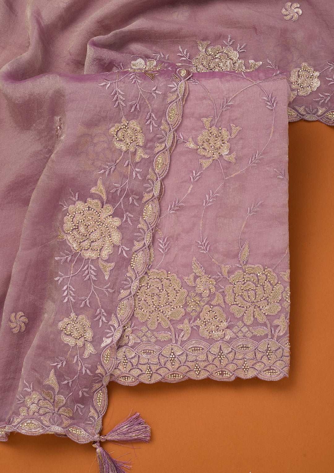 Light Lavender Organza Gold Zariwork Unstitched Dress Material With Matching Bottom And Dupatta