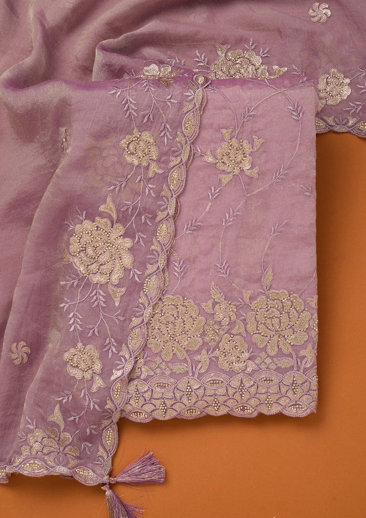 Light Lavender Organza Gold Zariwork Unstitched Dress Material With Matching Bottom And Dupatta