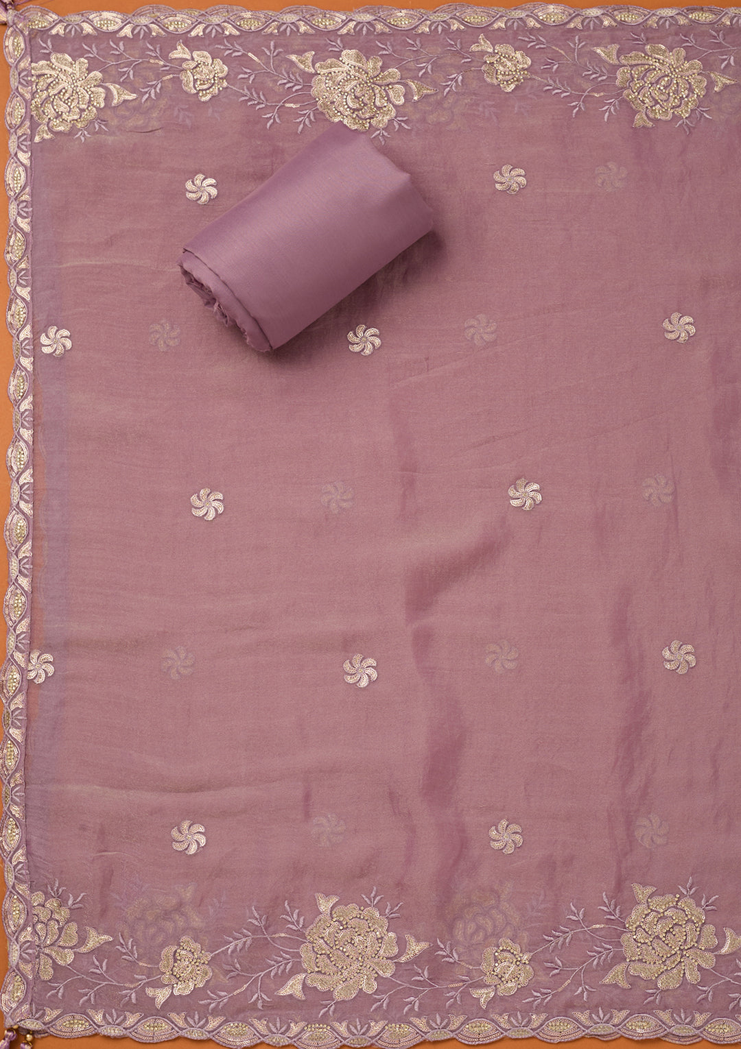 Light Lavender Organza Gold Zariwork Unstitched Dress Material With Matching Bottom And Dupatta