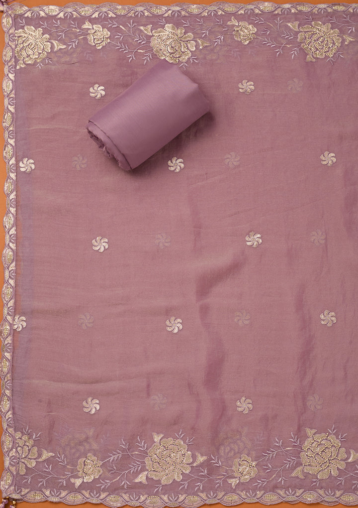Light Lavender Organza Gold Zariwork Unstitched Dress Material With Matching Bottom And Dupatta