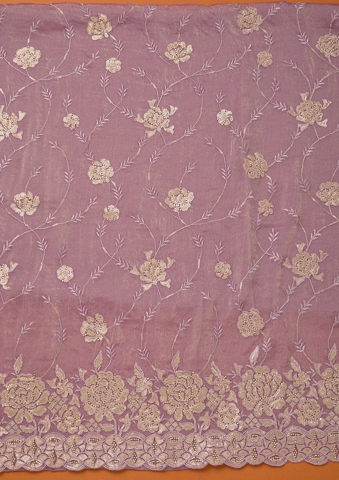 Light Lavender Organza Gold Zariwork Unstitched Dress Material With Matching Bottom And Dupatta