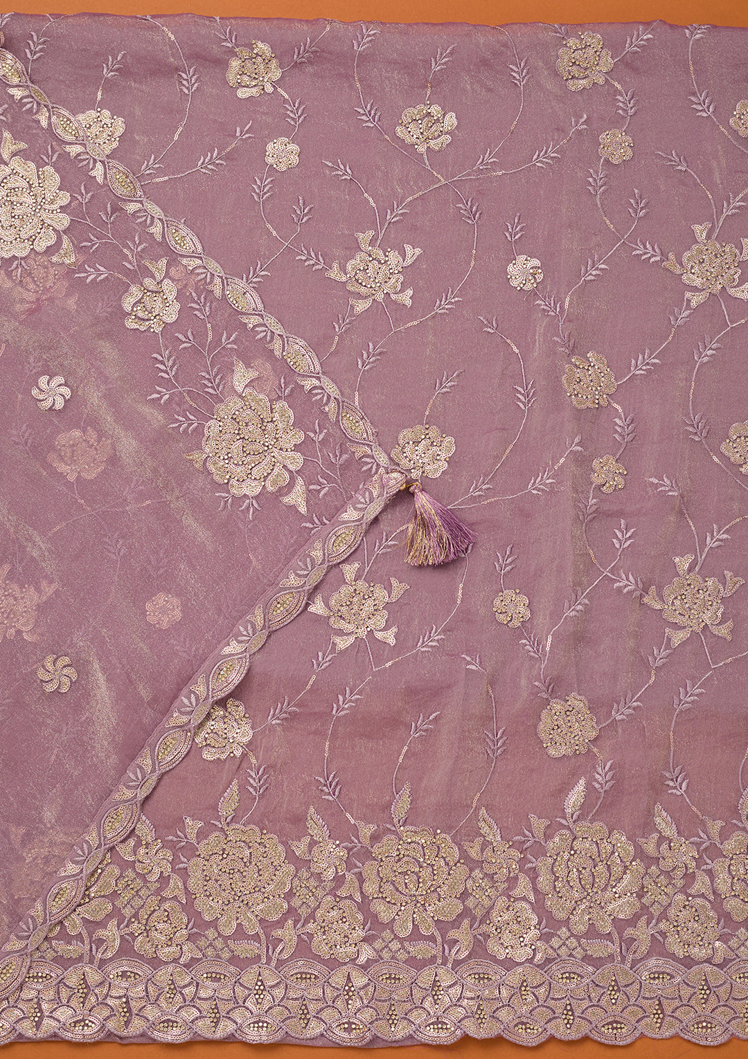 Light Lavender Organza Gold Zariwork Unstitched Dress Material With Matching Bottom And Dupatta