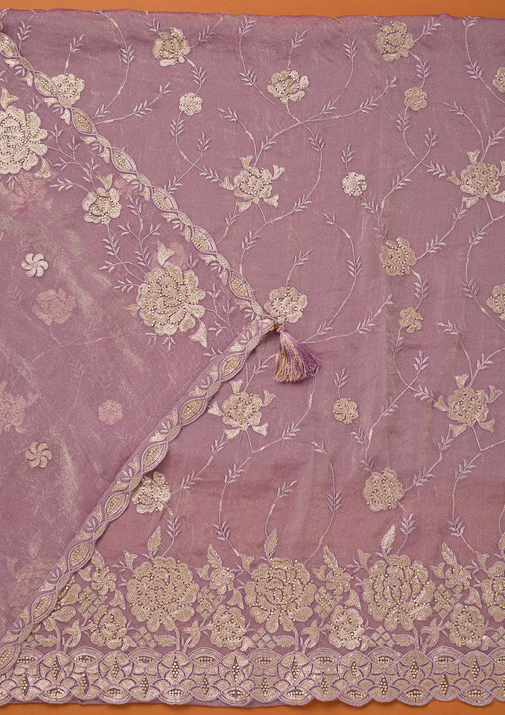 Light Lavender Organza Gold Zariwork Unstitched Dress Material With Matching Bottom And Dupatta