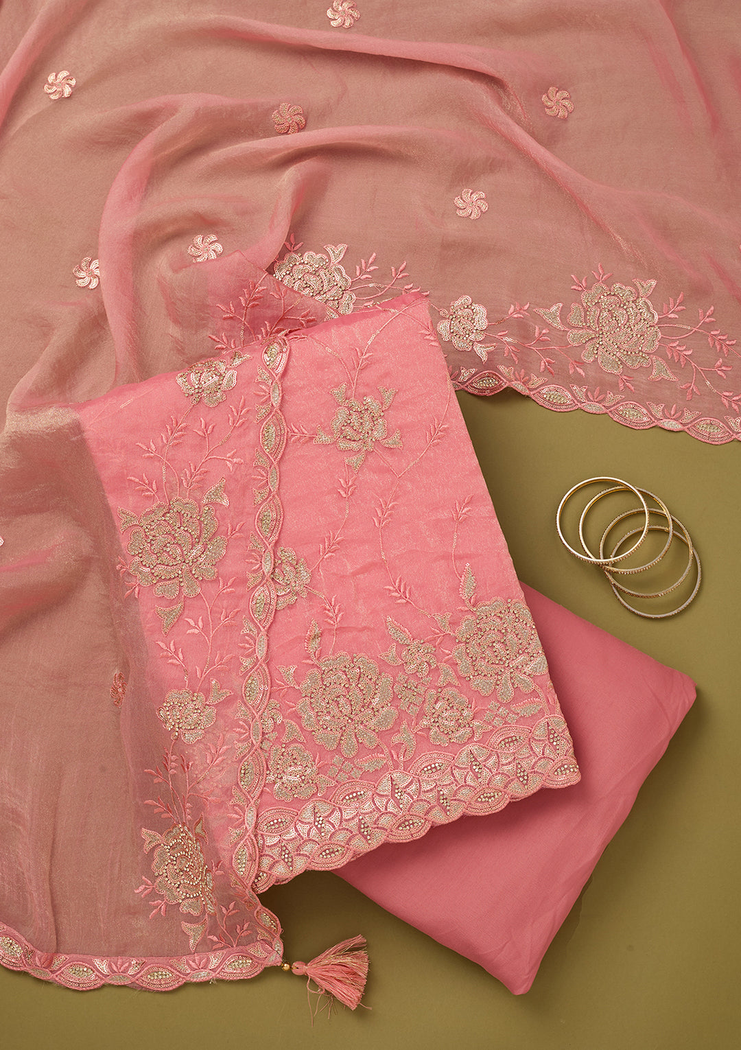 Pink Organza Gold Zariwork Unstitched Dress Material With Matching Bottom And Dupatta