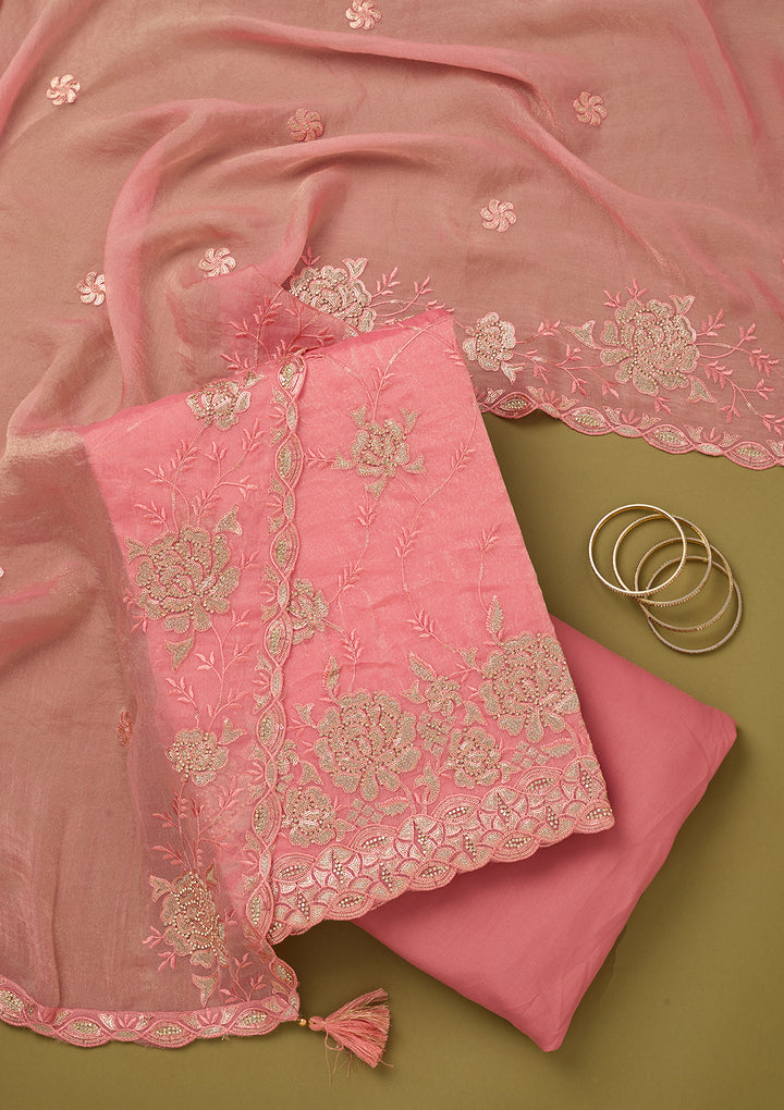 Pink Organza Gold Zariwork Unstitched Dress Material With Matching Bottom And Dupatta