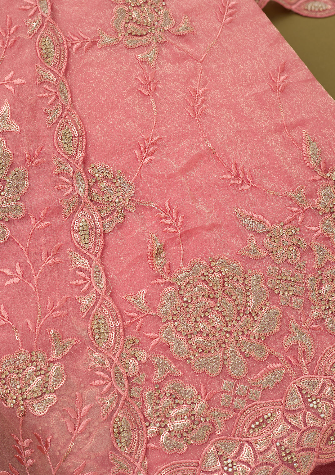 Pink Organza Gold Zariwork Unstitched Dress Material With Matching Bottom And Dupatta