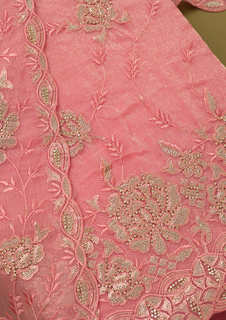 Pink Organza Gold Zariwork Unstitched Dress Material With Matching Bottom And Dupatta