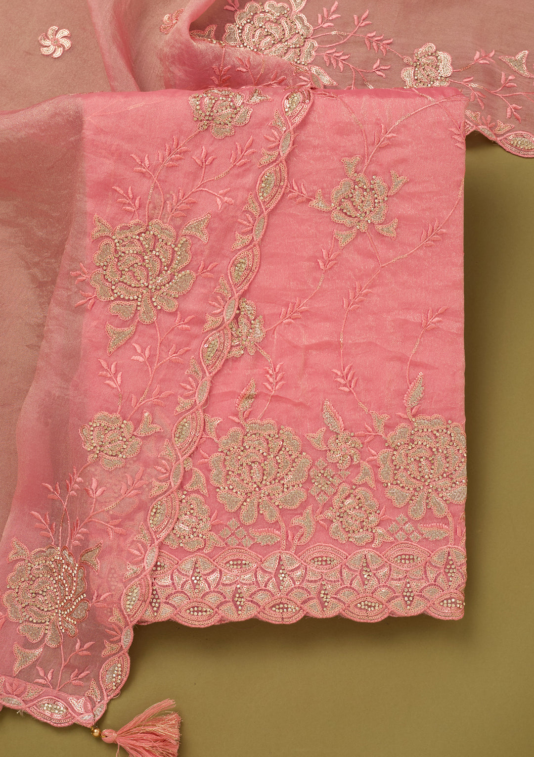 Pink Organza Gold Zariwork Unstitched Dress Material With Matching Bottom And Dupatta