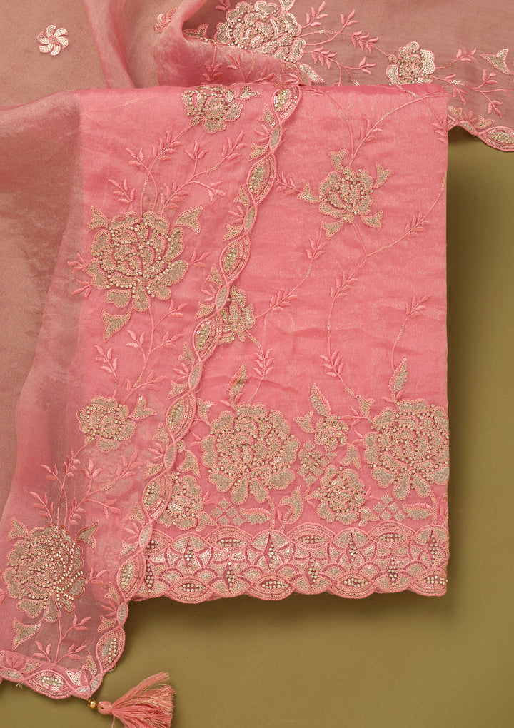 Pink Organza Gold Zariwork Unstitched Dress Material With Matching Bottom And Dupatta