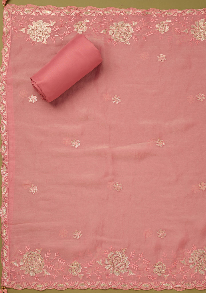 Pink Organza Gold Zariwork Unstitched Dress Material With Matching Bottom And Dupatta