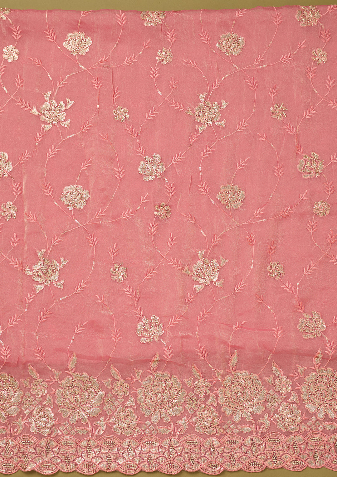 Pink Organza Gold Zariwork Unstitched Dress Material With Matching Bottom And Dupatta