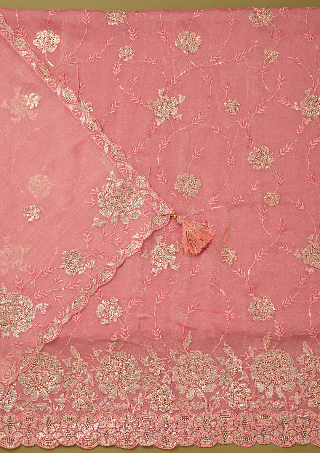 Pink Organza Gold Zariwork Unstitched Dress Material With Matching Bottom And Dupatta