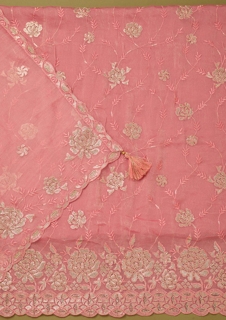 Pink Organza Gold Zariwork Unstitched Dress Material With Matching Bottom And Dupatta