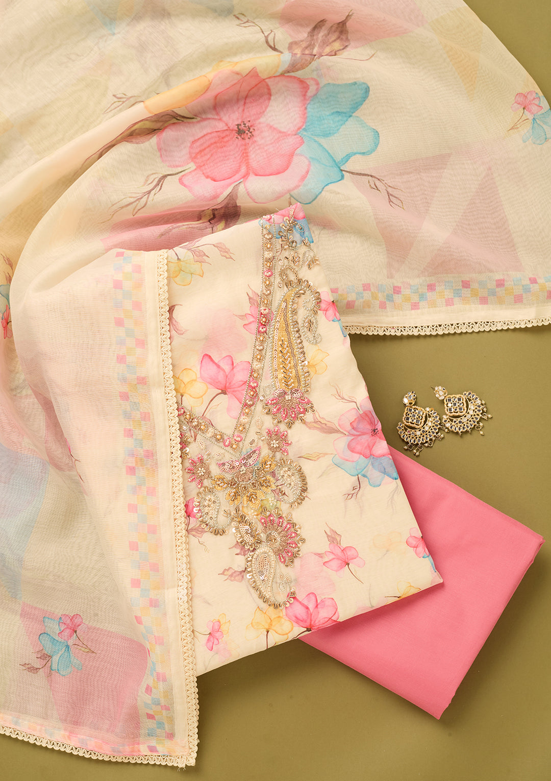 Off White Linen Floral Cutdana Unstitched Dress Material With Matching Bottom And Dupatta