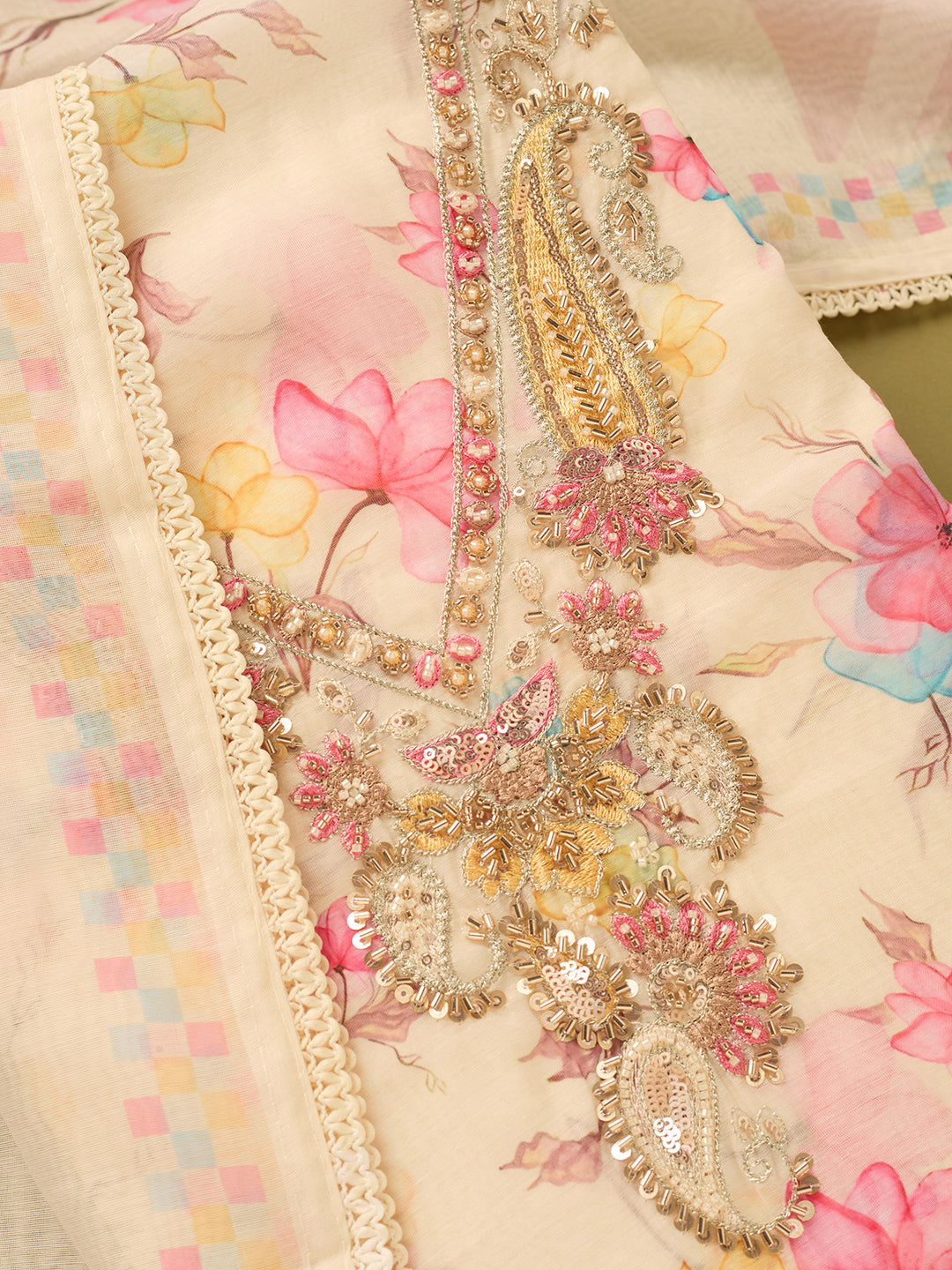 Off White Linen Floral Cutdana Unstitched Dress Material With Matching Bottom And Dupatta