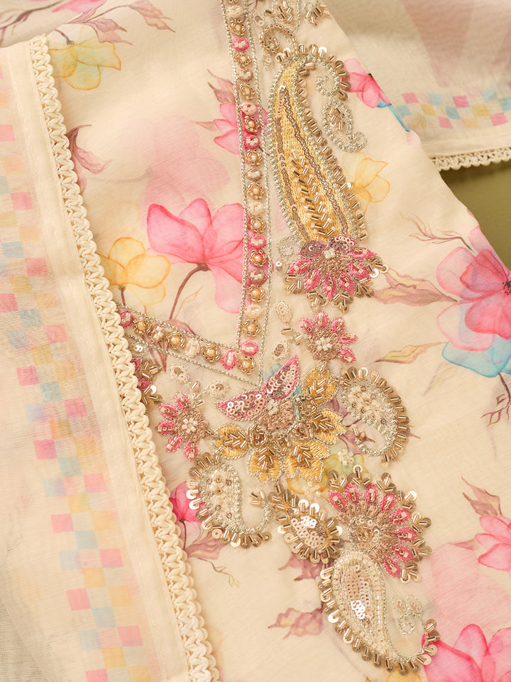 Off White Linen Floral Cutdana Unstitched Dress Material With Matching Bottom And Dupatta