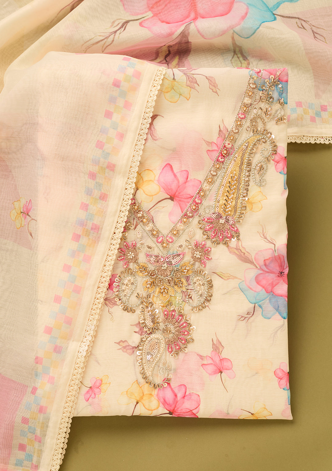 Off White Linen Floral Cutdana Unstitched Dress Material With Matching Bottom And Dupatta