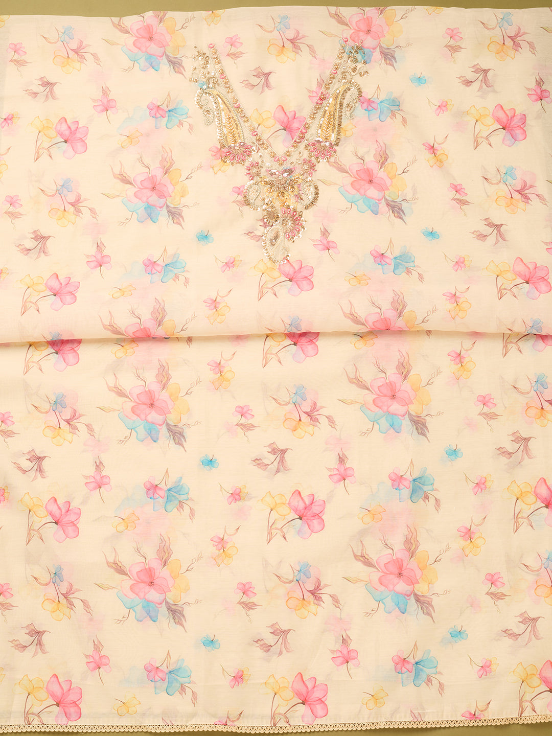 Off White Linen Floral Cutdana Unstitched Dress Material With Matching Bottom And Dupatta