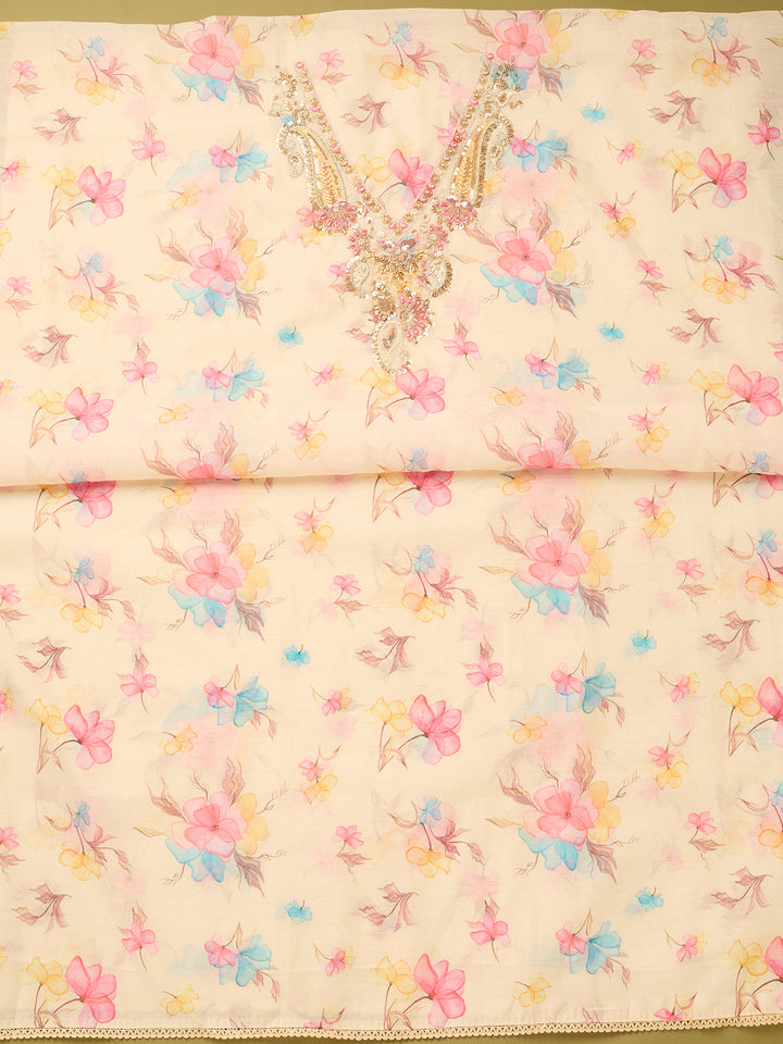 Off White Linen Floral Cutdana Unstitched Dress Material With Matching Bottom And Dupatta