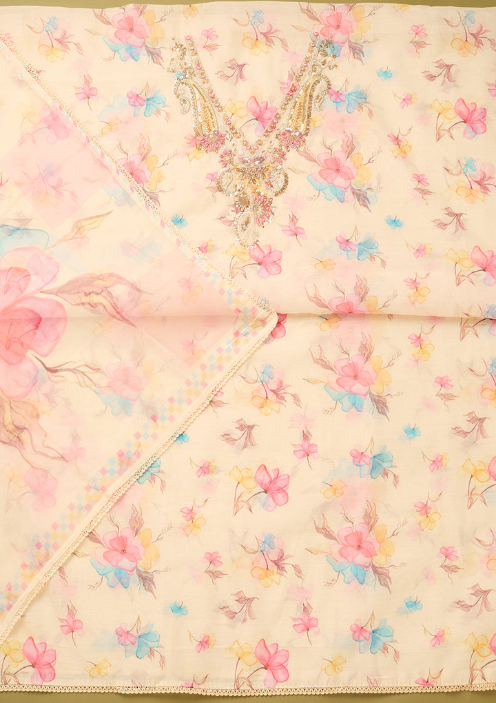 Off White Linen Floral Cutdana Unstitched Dress Material With Matching Bottom And Dupatta