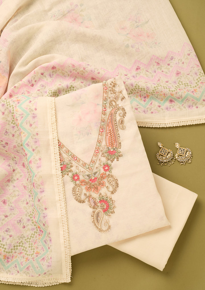 Off White Multi Linen Cutdana Unstitched Dress Material With Matching Bottom And Dupatta